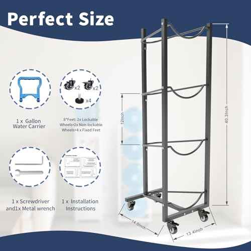 5 Gallon Water Bottle Holder: 4 Tier 5gal Water Jug Storage Rack with 4 Wheels for Home Kitchen Garage - Space Saving & Black