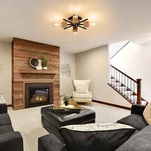 4 Light Sputnik Light Fixture Black Flush Mount Lights Industrial Ceiling Light Wood 22" Modern Farmhouse Ceiling Lights for Kitchen Bedroom Bathroom Foyer Hallway(E26)