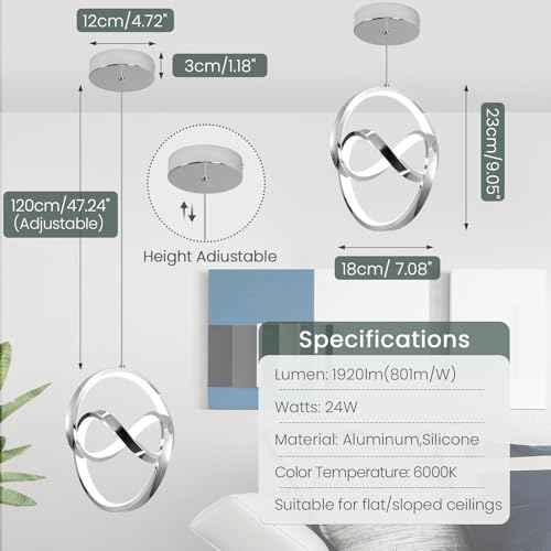 6000K Modern Pendant Light Fixtures, LED Pendant Lights Kitchen Island Lighting Adjustable Height Chrome Hanging Lights for Dining Room Kitchen Bedroom, 1Pack