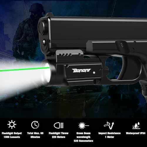 1000 Lumens Pistol Light Green Beam Combo, Strobe Memory Function Compact Weapon Light with Adjustable Picatinny or GL Rail, USB Rechargeable Aluminum Tactical Flashlight, Battery Included