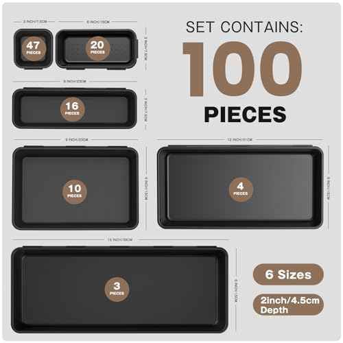 ¡¼Fits 100+ Tools¡½A-LUGEI¡¼100-Piece 6-Size¡½Tool Organizer Tray Set - Black Plastic Drawer Dividers for Garage Cabinets, Rolling Tool Chests, Workbenches & Office Storage