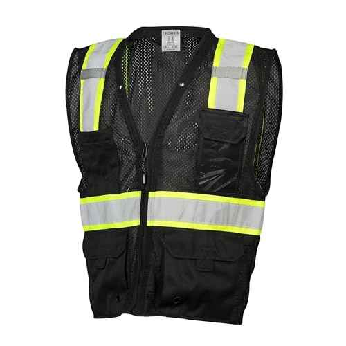 Kishigo Black Enhanced Visibility Men's Vest B100, Multi Pocket Mesh Hi-Vis Vest, Ultra-Cool Polyester, 6 Pockets, Zipper