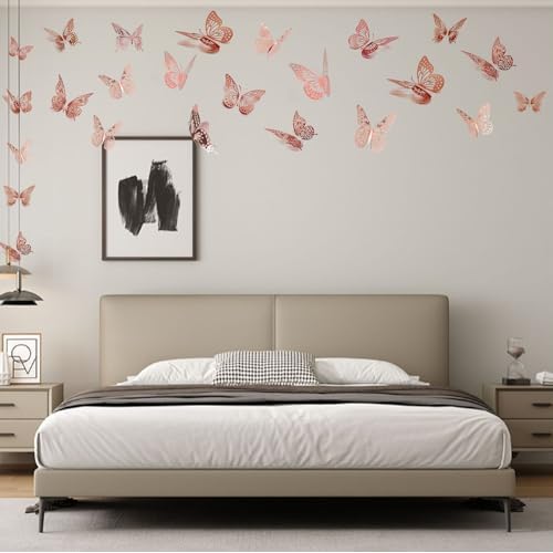 JOSDIOX 3D Butterfly Removable Metallic Wall Sticker 4 Styles 3 Sizes, Mural Decals for Kids Room Bedroom D?cor Nursery Classroom Party Decoration Wedding DIY (Rose Gold 48 Pcs)