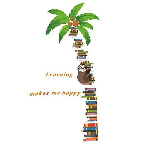 IARTTOP Coconut Tree Sloth Wall Decal Book Tree Sloth Wall Sticker Large Book Tree Wall Stickers for Bedroom Study Room Living Room Decoration