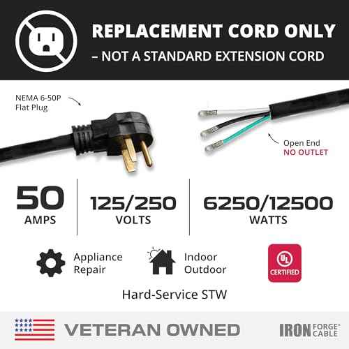 Iron Forge Cable NEMA 6-50 Extension Cord with Open End - 6ft 50 Amp EV Power Cord with Eyelet, 6/3 Gauge Replacement Cable - NEMA 6-50 Plug STW