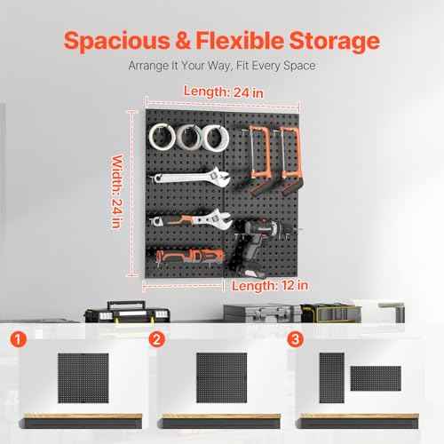 VEVOR Metal Pegboard Panels, 24" x 12" Pegboard, 2 Panels, Heavy Duty Peg Board Wall Organizer with Accessories, for Living Room Garage Tool Storage Office Organization Craft Room Kitchen Home, Black