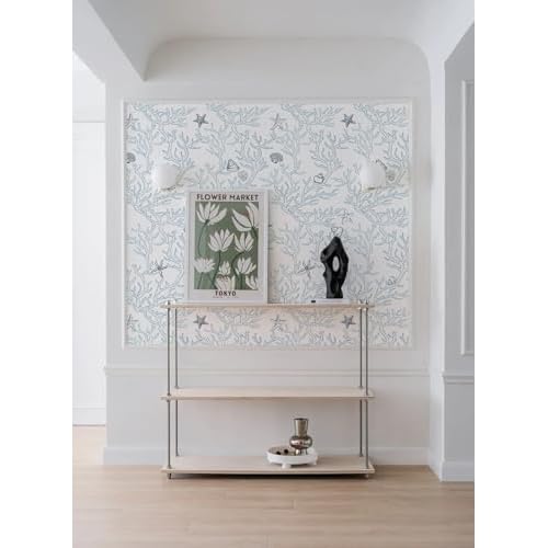 Dviolet Peel and Stick Wallpaper - White and Light Blue Contact Paper - Coral/Seashell/Starfish Pattern - Removable Wallpaper for Kids Room - 17.3"X 118"