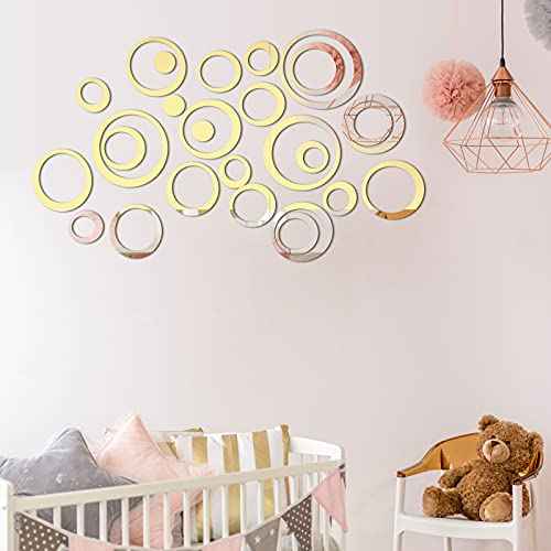 Outus 72 Pieces Acrylic Circle Mirror Wall Sticker Round Wall Decor Decals Removable DIY Adhesive for Living Room Bedroom Home Decoration(Black,Sliver,Gold)