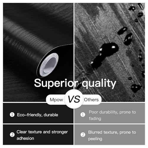 Ismoon Black Contact Paper Peel and Stick Wallpaper 17.5''x118''Wood Grain Contact Paper for Cabinets and Drawers Removable Self-Adhesive Modern Renter Friendly Wallpaper for Desk Countertops Vinyl