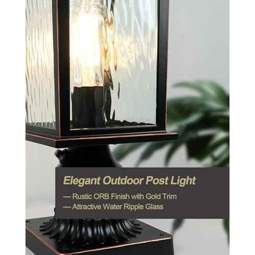 Dusk to Dawn Outdoor Post Light, Hardwired Oil-Rubbed Bronze Pole Lantern with Pier Mount Base, Water Ripple Glass, Waterproof Lamp Post Light Fixture for Driveway, Pathway, Garden, 1 Pack