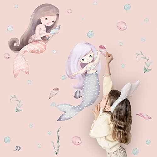 Mermaid Wall Decal Ocean Stickers Seaweed Nursery Decor Baby Girl Bedroom Playroom Princess Room Art Toddler Kid Room Bathroom Decor