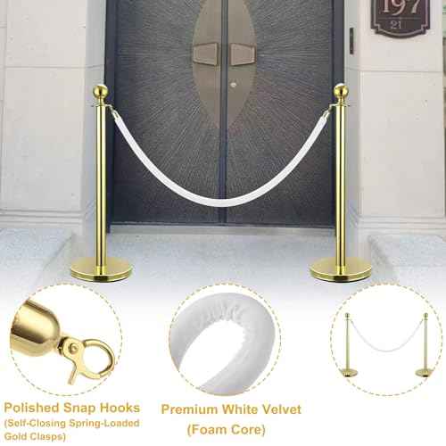 4 Pack 5 Feet White Velvet Stanchion Rope, Crowd Control Ropes with Gold Clasps, Foam Core Queue Safety Sarriers Stanchion Post Rope for Party Event and Red Carpet