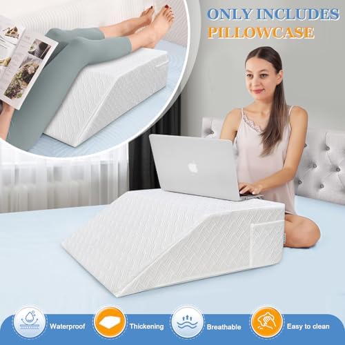 Wedge Pillow Case Cover Leg Elevation Pillow Cover Bed Wedge Pillowcase Replacement Leg Knee Rest Pillow Protector with Zipper＆ Pocket 24x21x8 (Waterproof Wedge Pillow Cover Only)