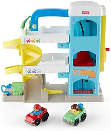 Fisher-Price Little People Toddler Toy Helpful Neighborâs Garage Playset with Spiral Ramp & 2 Cars for Pretend Play Ages 18+ Months