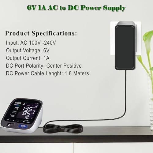 6V 1A DC Power Supply for 6 Volt Omron Blood Pressure Monitor 5 7 10 Series Charger and for 6V 100mA 300mA 400mA 500mA 600mA 700mA 800mA 900mA 1000mA AC Adapter.
