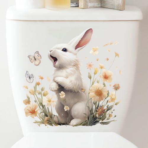 4 Sheets Cute Bunny Flower Butterfly Toilet Stickers, sacinora Rabbit Toilet Lid Decals Removable Vinyl Peel and Stick Wall Stickers for Bathroom Restroom WC Bathtubs Door Furniture Home Decorations