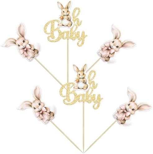 Gyufise 24Pcs Easter Bunny Oh Baby Cupcake Toppers Bunny Baby Shower Cupcake Pick Decorations for Easter Theme Spring Birthday Baby Shower Party Supplies Gold Glitter