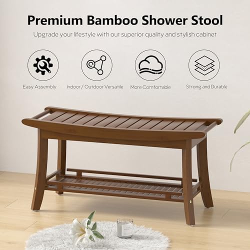 Bamboo Shower Bench Chair Bathroom Shower Stool Seat for Inside Shower Bathtub with Storage Shelf Shower Foot Rest for Shaving Legs 39 x 13 x 19.2 Inches Chestnut Brown