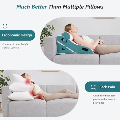 Bed Wedge Pillow Set for Sleeping 3 PCS - 22.5" Wide Triangle Pillow for Back Leg Pain Relief with Washable Cover - 35D Foam Wedge Pillow Post Surgery for Acid Reflux & Snoring (White Blue)