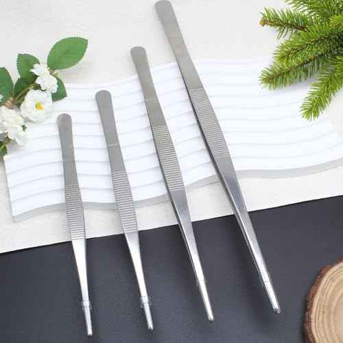 4Pcs 304 Stainless Steel Tweezer Set, 7" 8" 10" 12" Long Tweezers with Precision Serrated Straight Tips, Non-slip Kitchen Tweezers for Cooking Baking Crafts Tank Aquarium Terrarium
