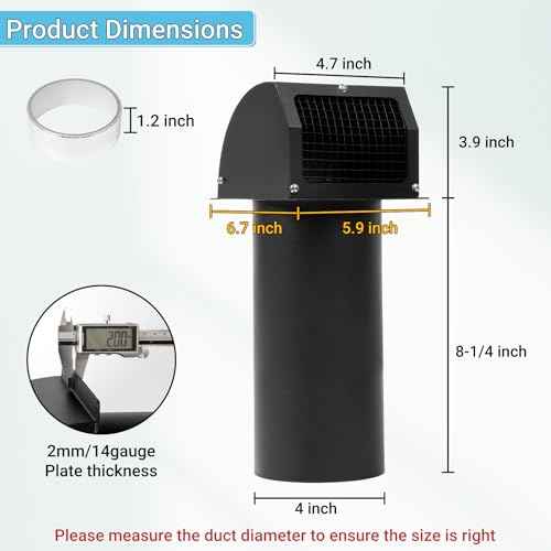 4 Inch Hooded Wall Vent with Screen, Damper, 8-1/4" Length Duct, 14 Gauge Steel Vent Covers for Wall, Wall Vent Cover for Residential Housing and Industrial Facilities Air Exhaust, Black