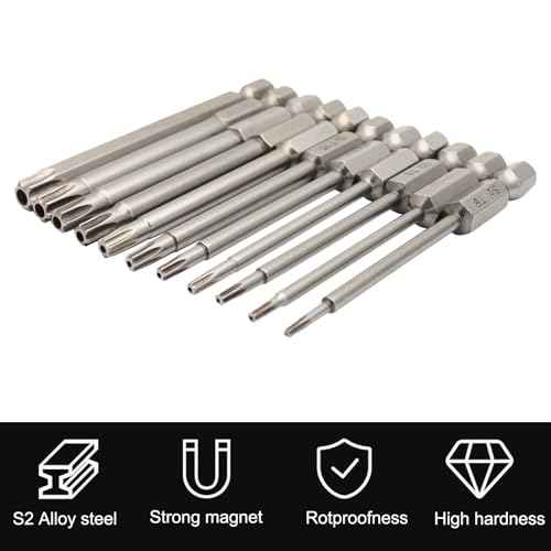 11Pcs Security Torx Bits Set, S2 Aolly Steel Magnetic Tamper Proof Screwdriver Bit Set 3inch 1/4" Hex Shank Impact Driver Star Bits Sets T6-T40