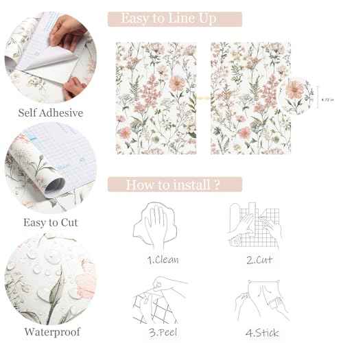 Orainege Pink Floral Peel and Stick Wallpaper Removable Self Adhesive Wallpaper 16.9inx118.1in Modern Wall Paper for Bedroom Bathroom Green Leaf Contact Paper for Cabinets