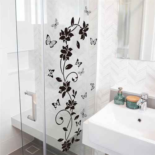 Black Flower Vine Butterfly Wall Stickers, sacinora Simplicity Floral Art Wall Decals Removable Vinyl Peel and Stick for Bathroom Living Room Bedroom Home Decorations