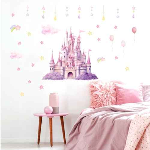 2 Sheets Princess Wall Decals, Pink Purple Princess Wall Stickers for Girls Room Large Peel and Stick Castle Mural Art Fairy Tale Stars Clouds Removable Wallpaper for Kids Nursery Bedroom