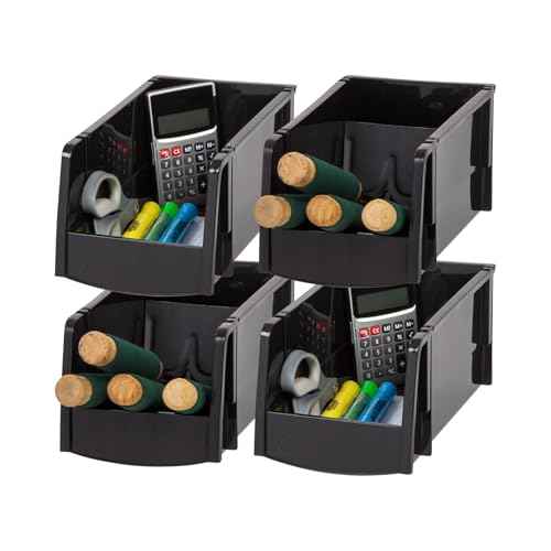IRIS USA Medium Stackable Storage Bins, 4-Pack, 11" L x 6" W x 5" H, |Made in USA|, Plastic Open Front Shelf Bin for Organizing Parts, Hardware, Tools, Supplies, Garage Shelf, Pantry - Black