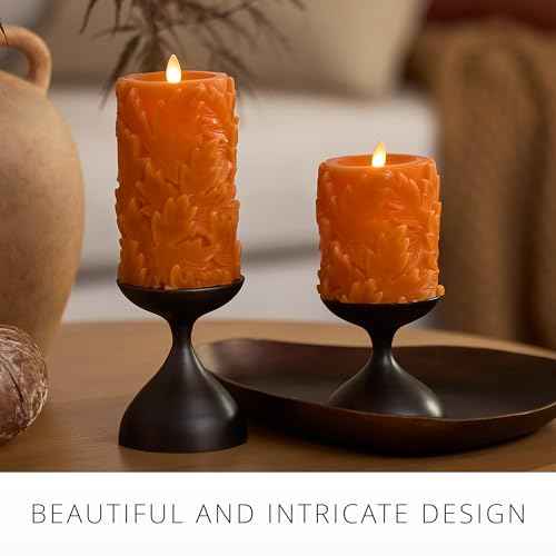 Luminara Flameless Marmalade Embossed Leaves 3.5" x 6.5" Pillar, Battery Operated & Timer Function, Fall Decorations Indoor Candle Moving Flickering Flame LED Light, Remote Ready (Sold Separately)