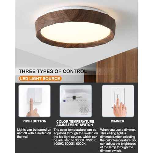 ANYLOVE 15 inch LED Flush Mount Ceiling Light Fixture,3000K 4000K 5002K Adjustable Ceiling Lights, Farmhouse Oak Wood Grain Ceiling Light for Bedroom Hallway Bathroom Kitchen