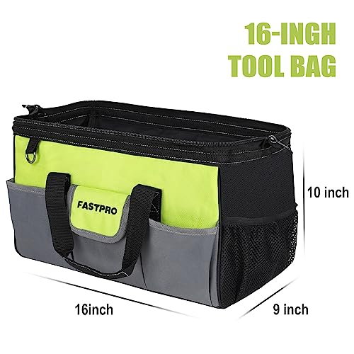 FASTPRO 16-inch Tool bag, Wide Mouth Tool Organizer with Large Capacity, Multi-pocket and Adjustable Shoulder Strap