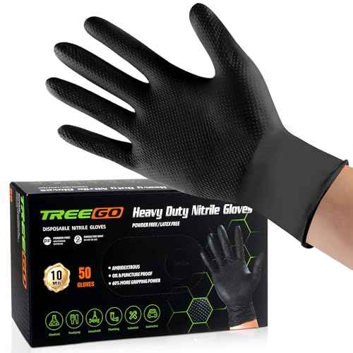 TREEGO 10 Mil Black Nitrile Gloves 100 Large, Extra Thick Disposable, Raised Diamond Grip, Latex & Powder Free ? Rubber Gloves Heavy Duty for Mechanic, Construction, Automotive