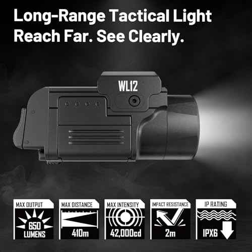 AIMWIN WL12 Weapon Light 650 Lumen 410 Meter Long Range 42000 Candela Compact Magnetic Rechargeable Rail Mounted Pistol Light Tactical Flashlight for GL Rail/1913 Picatinny Rail