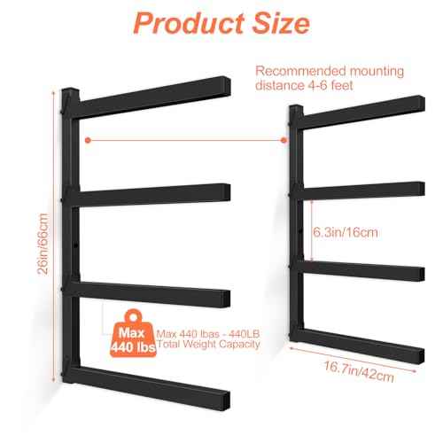 NANANARDOSO Wall Mount Wood Organizer and Lumber Storage,Heavy Duty Metal Shelf with 4-Level,Lumber Metal Racks for Indoor and Outdoor Use,2 Pack