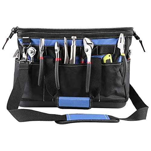 Tahoe Trails 16" Wide Mouth Tool Bag and Organizer for Home, Workshop, or Job Site, Molded Waterproof Base with 21 Pockets and 7 Belt Loops, Padded Handle, Adjustable Shoulder Strap