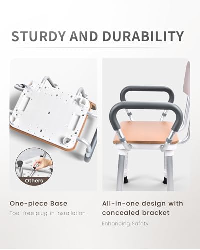 Sangohe Shower Chair for Inside Shower, Shower Chair with Wood Seat Board and Back, Height Adjustable Shower Chair for Elderly and Disabled, 400 lbs Heavy Duty Shower Seat for Seniors, 796D-A