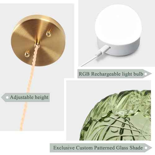 Battery Operated Pendant Light,Vintage Light Fixtures RGB Light Bulb 2500mAh 9.4in Green Modern Chandelier with Remote Control Wireless Adjustable Rechargeable Chandelier for Kitchen Island 1Light
