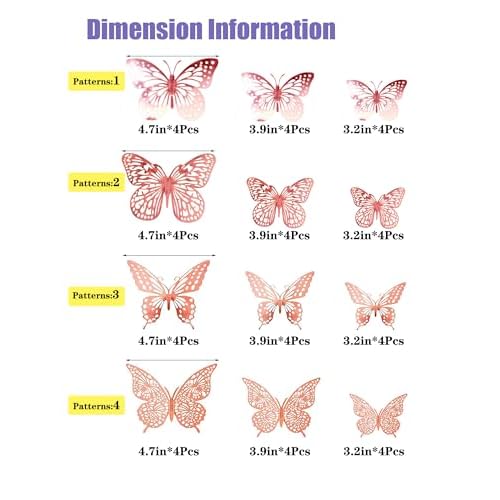 JOSDIOX 3D Butterfly Removable Metallic Wall Sticker 4 Styles 3 Sizes, Mural Decals for Kids Room Bedroom D?cor Nursery Classroom Party Decoration Wedding DIY (Rose Gold 48 Pcs)