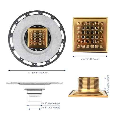 Square Shower Drain, 4-Inch Polished Gold Kit with Bonding Flange, Removable Stainless Steel Grate, Drain Key & Hair Strainer, Fits 2" & 3" Pipes for Tiled Floors