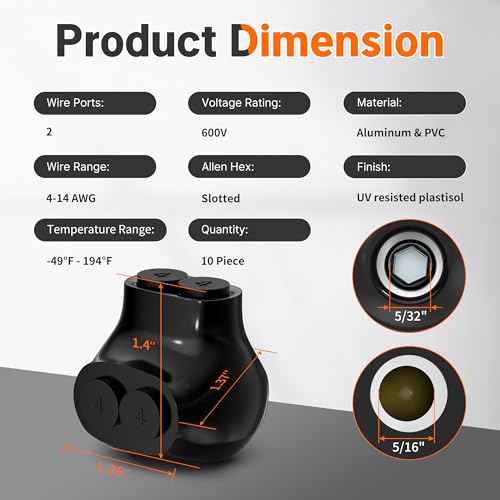 Joinfworld 2 Port Insulated Multi Tap Connector Aluminum to Copper Wire Connectors 4-14AWG Single Side Entry Aluminum Black Electrical Cable Connectors with Slotted Allen Hex - 10 Pack