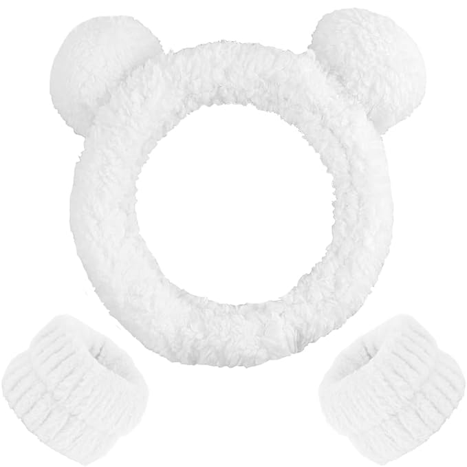 AHONEY Spa Bear Ears Headband Set - Face Wash Headband and Wristband, Fluffy Elastic Hair Band for Women & Girls (White)