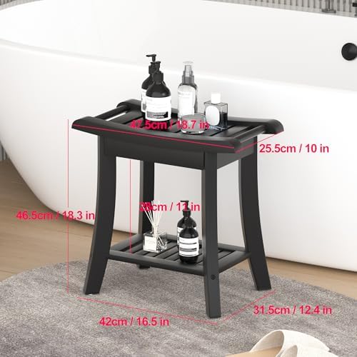 Bamboo Shower Bench Stool with Storage Shelf Small Shower Chair Seat for Inside Shower 19 x 10 x 18 Inches Black