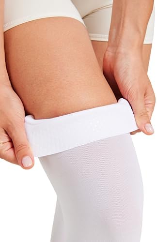 MGANG 15-20 mmHg Compression Stockings for Women & Men, Thigh High Medical Footless Graduated Compression Sleeves with Silicone Dot Band, for Varicose Veins, Edema, Travel, Flight, Pregnant, White M