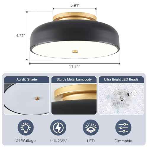 Dimmable LED Ceiling Light, Black and Gold Light Fixture, Mid-Century Semi Flush Mount Ceiling Light 5CCT 2700K-6000K Ceiling Lamp for Laundry Room Kitchen, Bedroom, Hallway(11.8in)