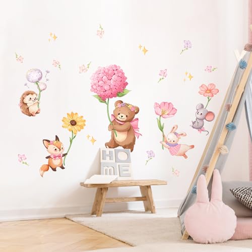 Pink Cartoon Animal Wall Decals, Bear Squirrel Rabbit Holding Flowers Flying Wall Stickers Peel and Stick Wall Decal Self Adhesive Wall Art Sticker for Girls Baby Nursery Kids Room Home Decor