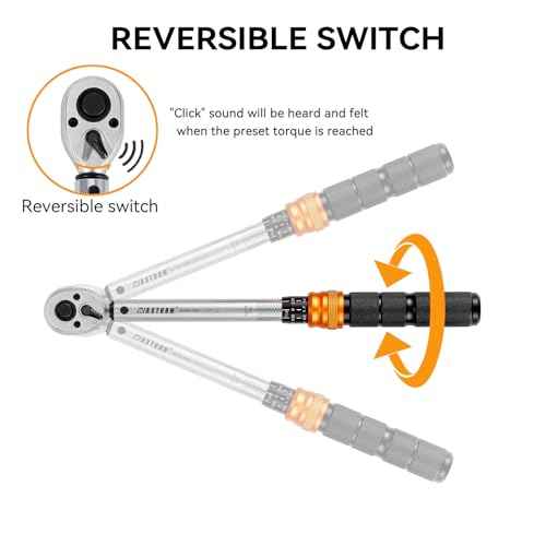 3/8" Click Torque Wrench, 5-45 ft-lb (6.8-61 Nm) Dual Scales, 3% Accuracy with 72-Tooth Reversible Ratchet, Cr-V Steel, Non-Slip Knurled Grip, for Bicycle, Precision Automotive Car
