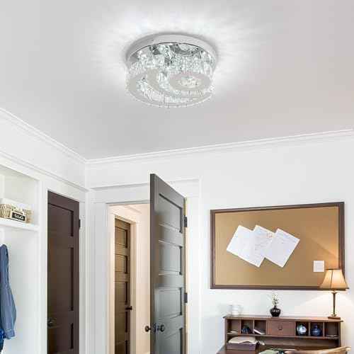 11.8 Inch Crystal Chandelier Flush Mount Ceiling Light Fixture, 2 Tier Height Adjustable (Max 23.62"), 36W LED Modern Chandeliers for Bedroom Kids Room Hallway (6000K, Star Moon Light)