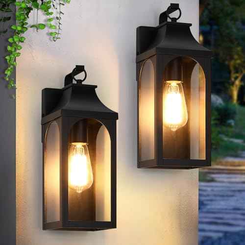 2-Pack 13" Outdoor Wall Light Fixtures, Matte Black Exterior Light Fixture with Clear Glass Lampshade, Anti-Rust Waterproof Outdoor Sconce Lights Porch Lights for Entryway, Patio, Garage